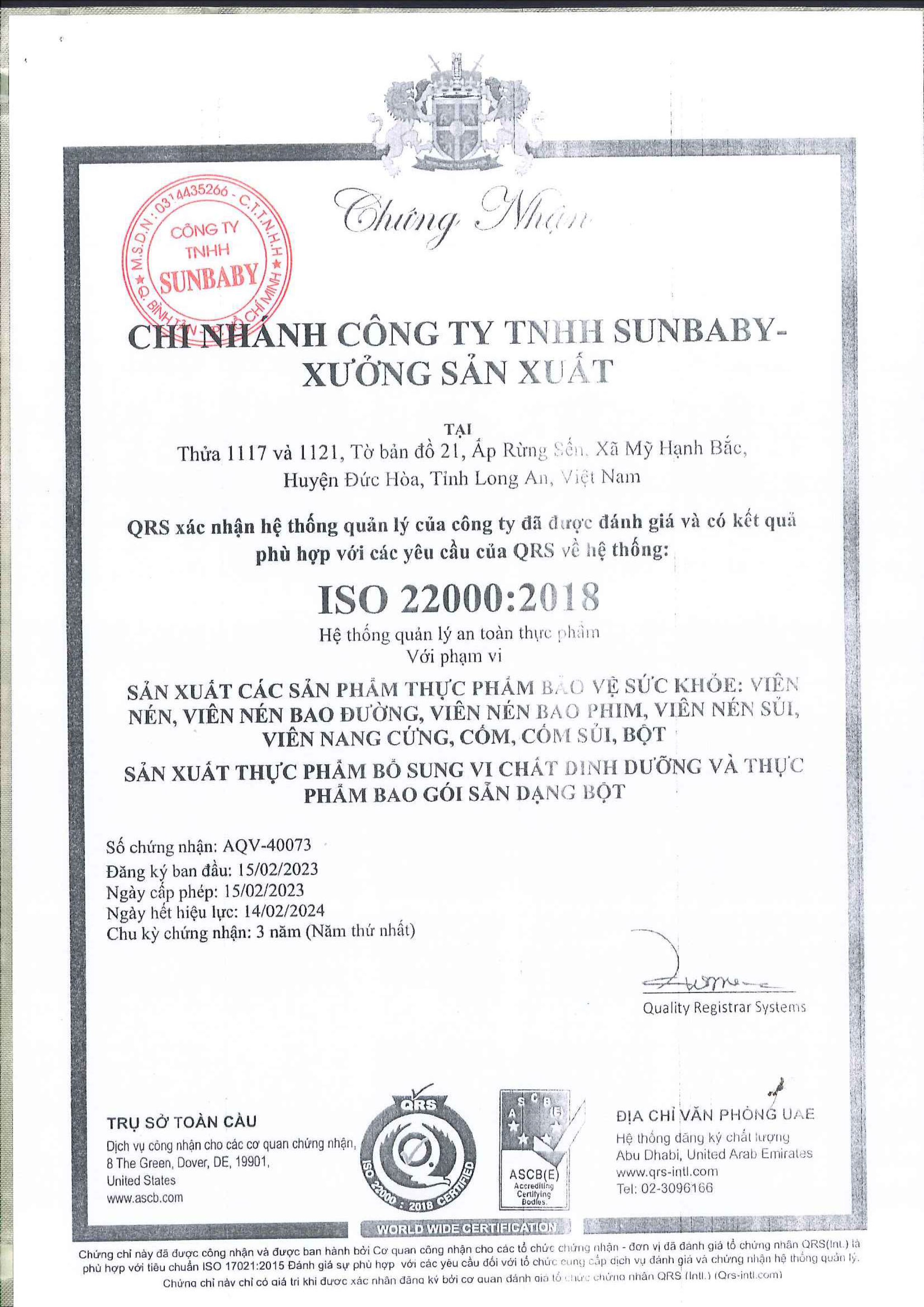 Chung nhan chat luong ISO 22000 2018